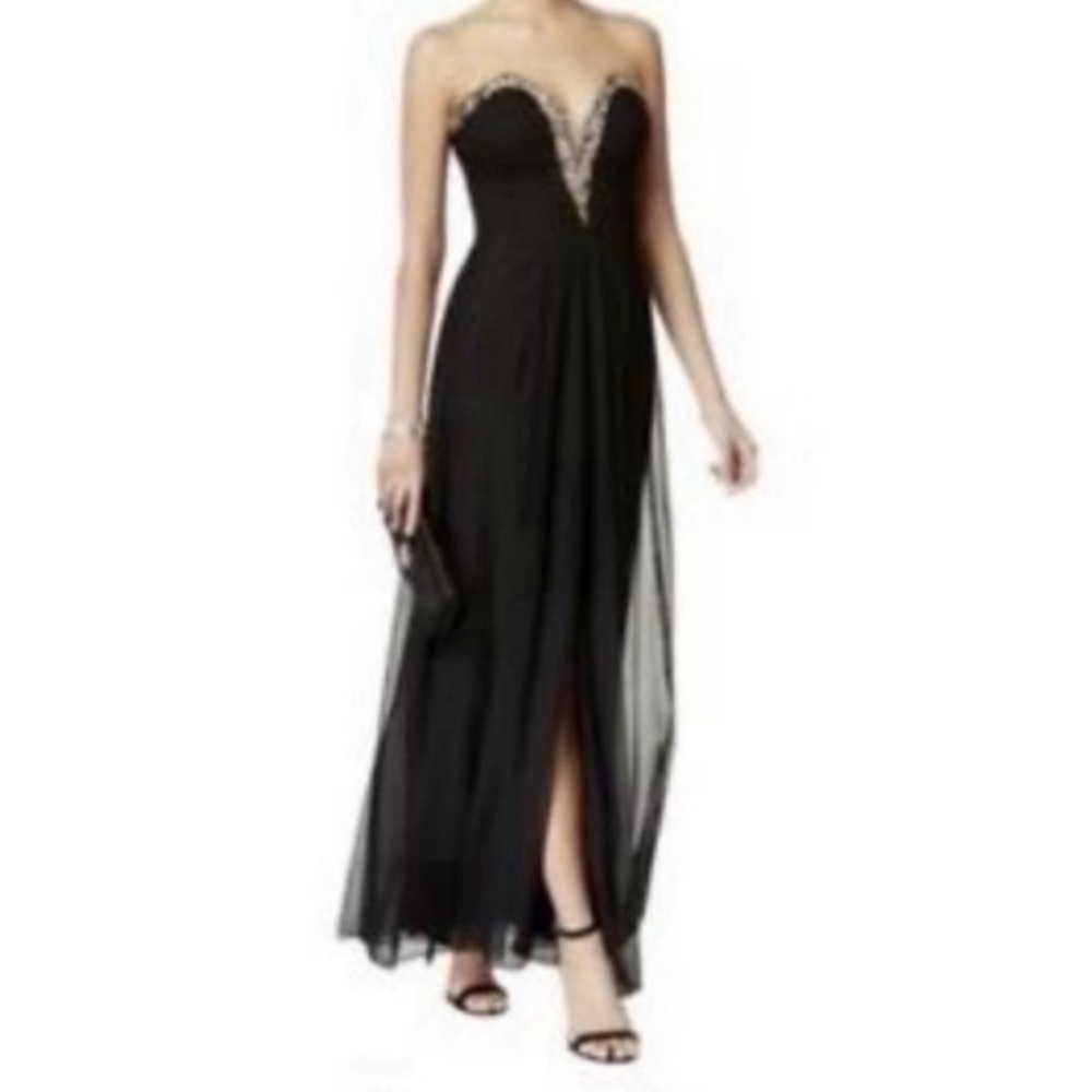 Betsy & Adam Black Embellished Slit Maxi Gown